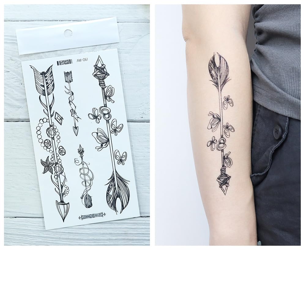 S.A.V.I 3 Pcs Black Temporary Tattoo Sheets for Women & Girls – 16x9cm Safe Non-Toxic Waterproof Body Art with Floral, Arrow & Feather Designs – Easy to Apply & Remove (07)