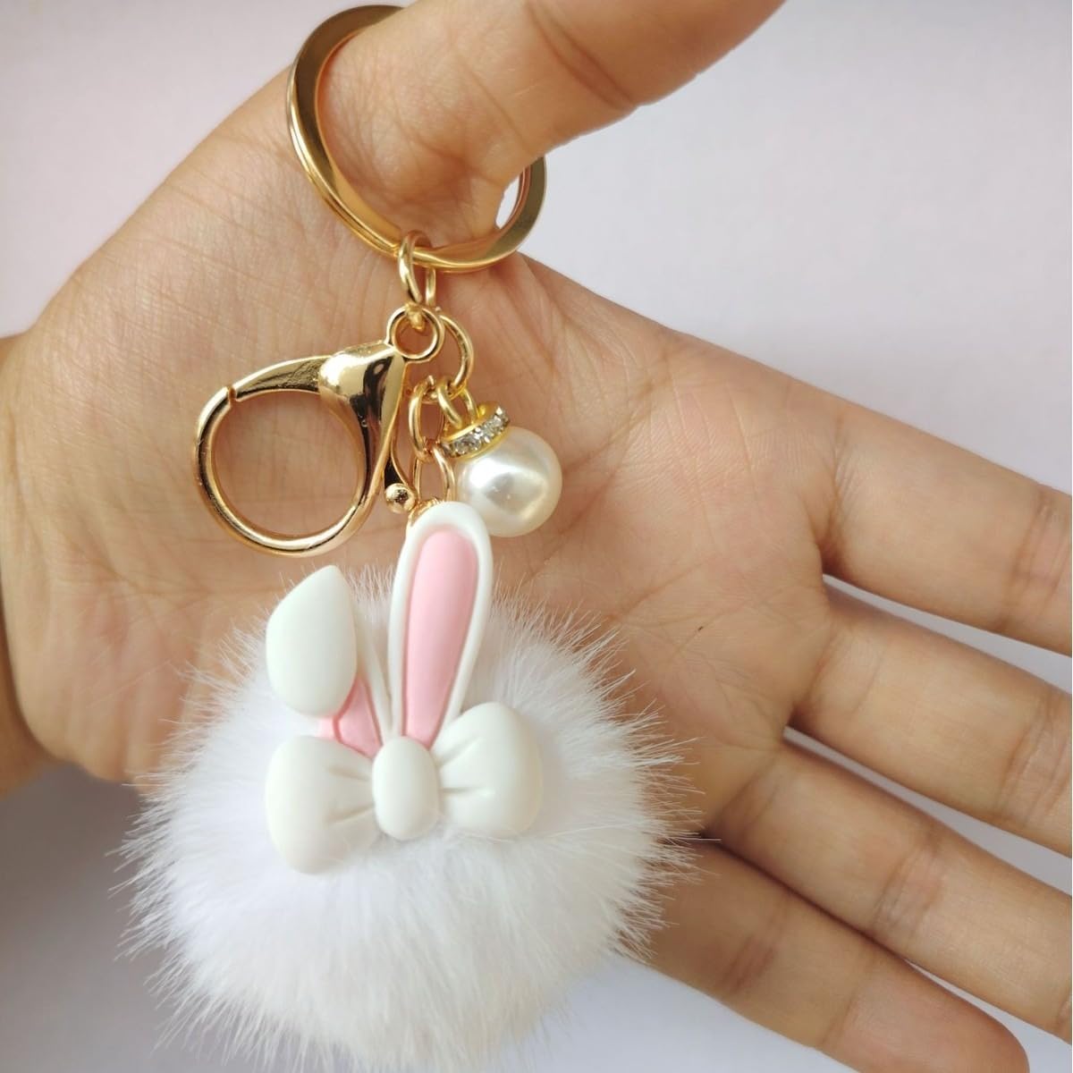 S.A.V.I Bunny Pom Pom Keychain for Women & Girls, Faux Fur Bag Charm, White, Soft Plush Finish, 13 cm Cute Rabbit Pendant with Pearl Accent, Gold-Tone Clasp for Handbags, Backpacks, Keys & Gifts
