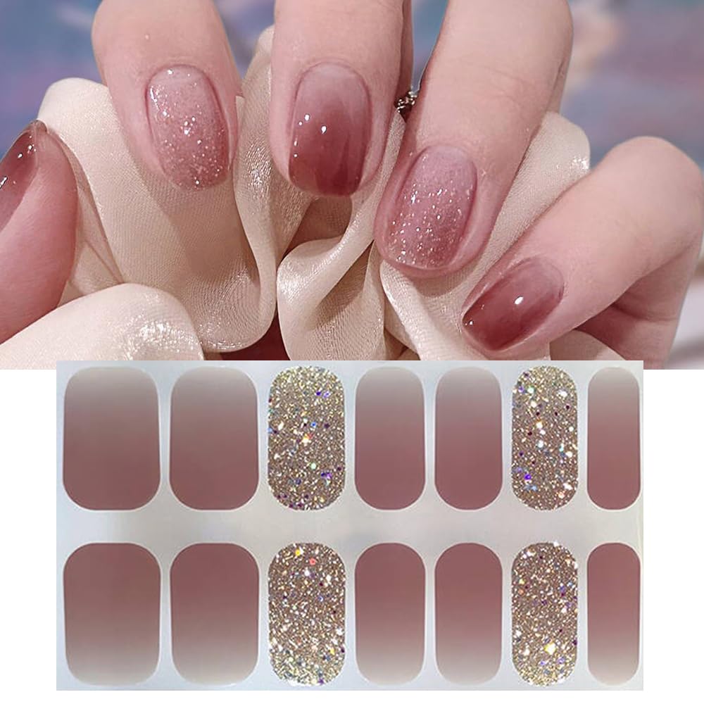 S.A.V.I Ombre Gel Nail Stickers - 14 PCS, Pink  Gold Glitter, Self-Adhesive  Easy-to-Use