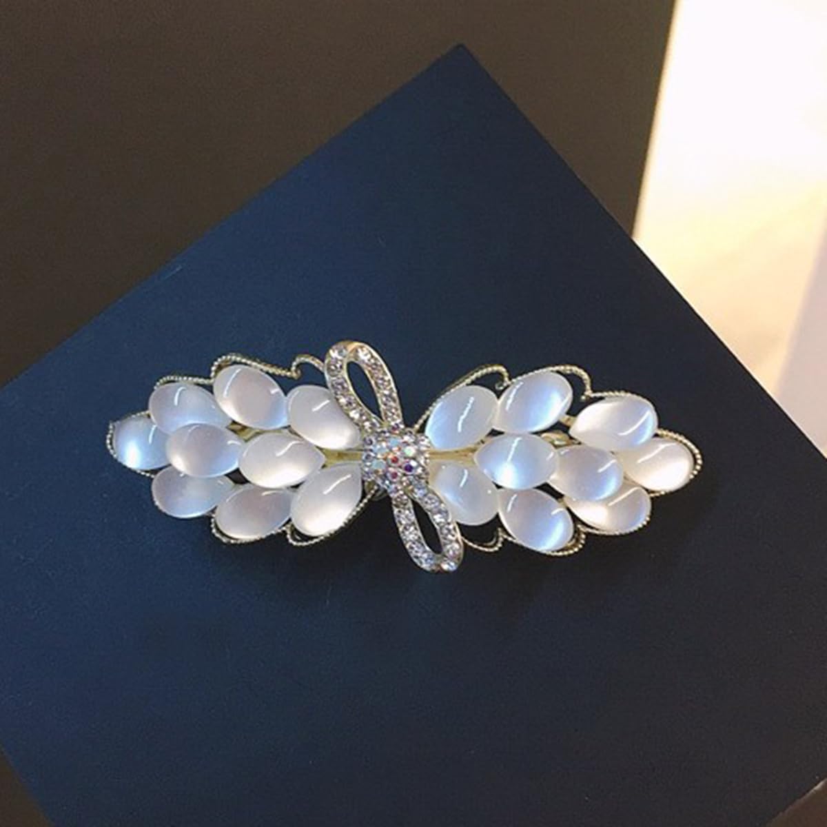 S.A.V.I White & Gold Floral Hair Barrette Clip for Women, Rhinestone Pearl Petal French Metal Hair Pin, Elegant Party Wedding Daily Wear Hair Accessory for Girls & Women, 7 cm