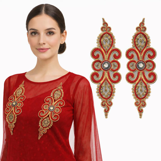 S.A.V.I Pair of Red & Gold Embroidered Sew-On Appliqué (11 x 35 cm), Floral Paisley Zari Beads Stone Work, Designer Craft Patch for Kurti, Gown, Blouse & Ethnic Wear (Red-Gold)