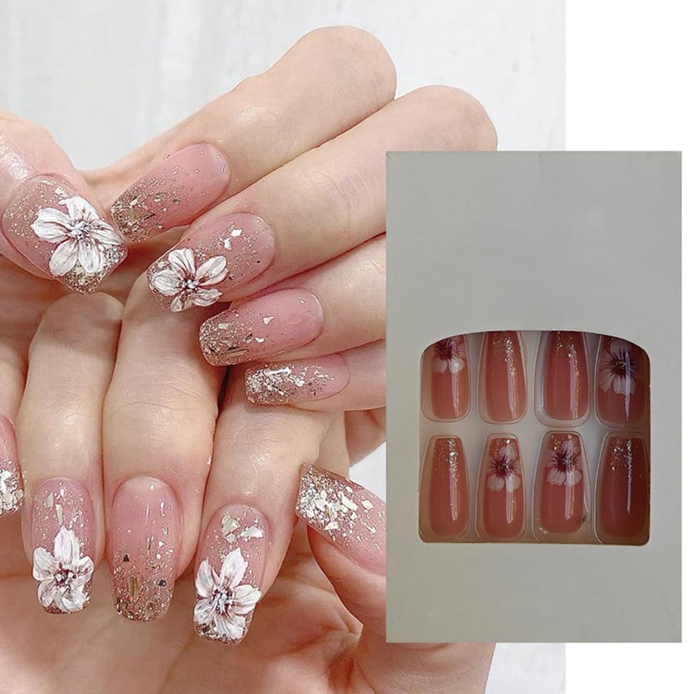 S.A.V.I 24 Pcs Long Coffin Fake Nails | Nude with Floral Print  Glitter | Reusable Press-On False Nails for Women  Girls | Easy to Apply, Durable  Chip-Resistant | Salon-Style Manicure at Home