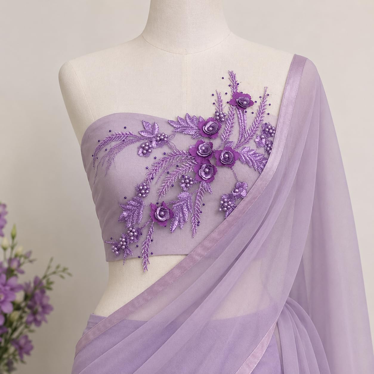 S.A.V.I Purple Floral Embroidery Patch 3D Pearl Sew-On Applique|34x25 cm Net Fabric Lace Motif for Saree, Kurti, Blouse, Gown & DIY Dress Customization, Elegant Craft Embellishment