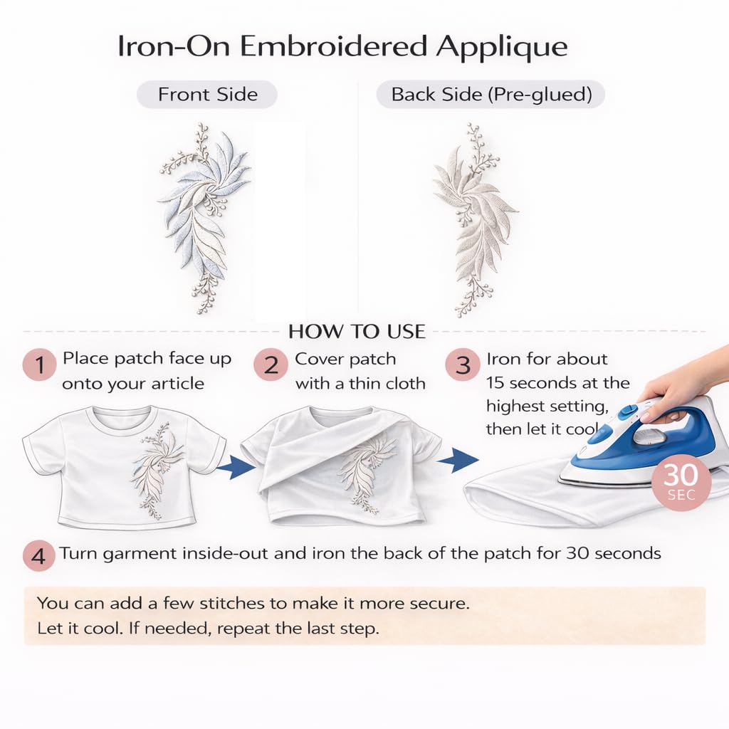 S.A.V.I White Blue & Silver Floral Iron-On Embroidered Appliqué Patch 7.5 x 17 cm | Leaf Motif Threadwork Design for Dresses, Sarees, Blouses & DIY Fabric Craft (Left, White-Blue, 7.5 x 17 cm)