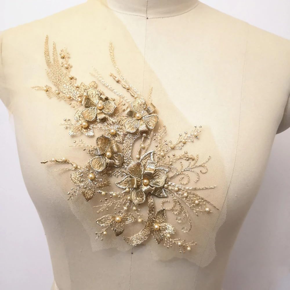 S.A.V.I Gold 3D Floral Embroidered Applique Patch | 12x6 Inch Sew-On Mesh Lace Fabric with Pearls for Bridal Blouse, Lehenga, Saree, Gown, Dress  DIY Craft | Elegant Wedding  Ethnic Wear Sewing Accessory (Gold)
