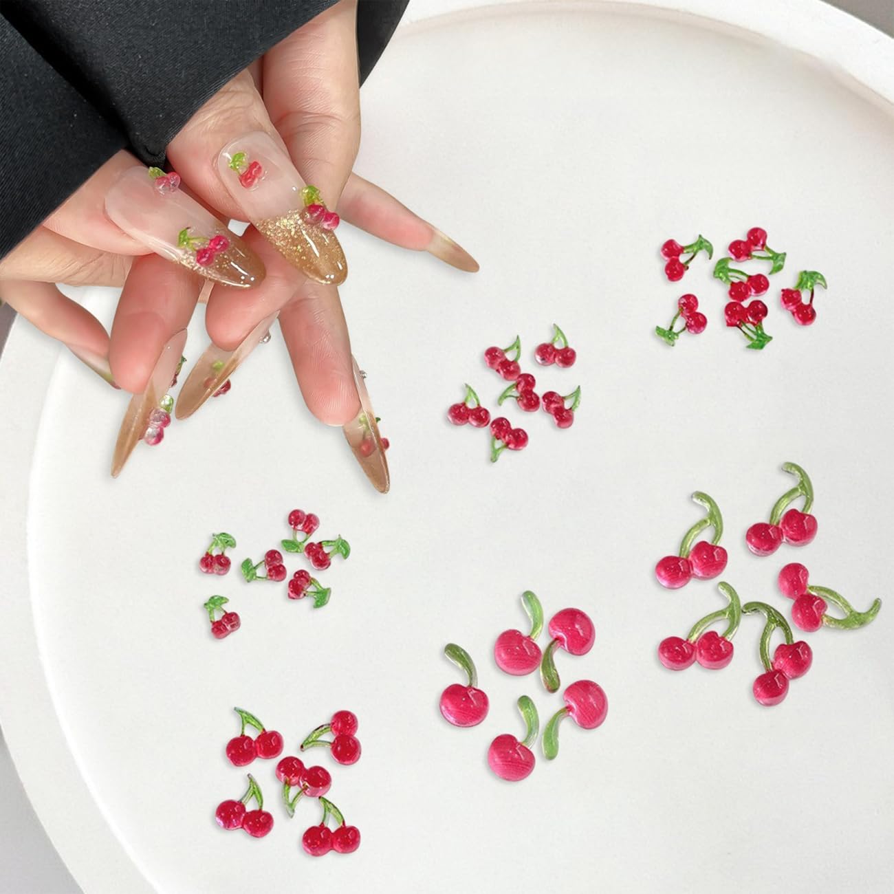 S.A.V.I 3D Cherry Nail Art Charms Set (62 Pcs) | Red & Green Resin Mini Fruit Designs | Mixed Sizes | Glossy Finish | DIY Nail Decoration | 12-Grid Storage Box