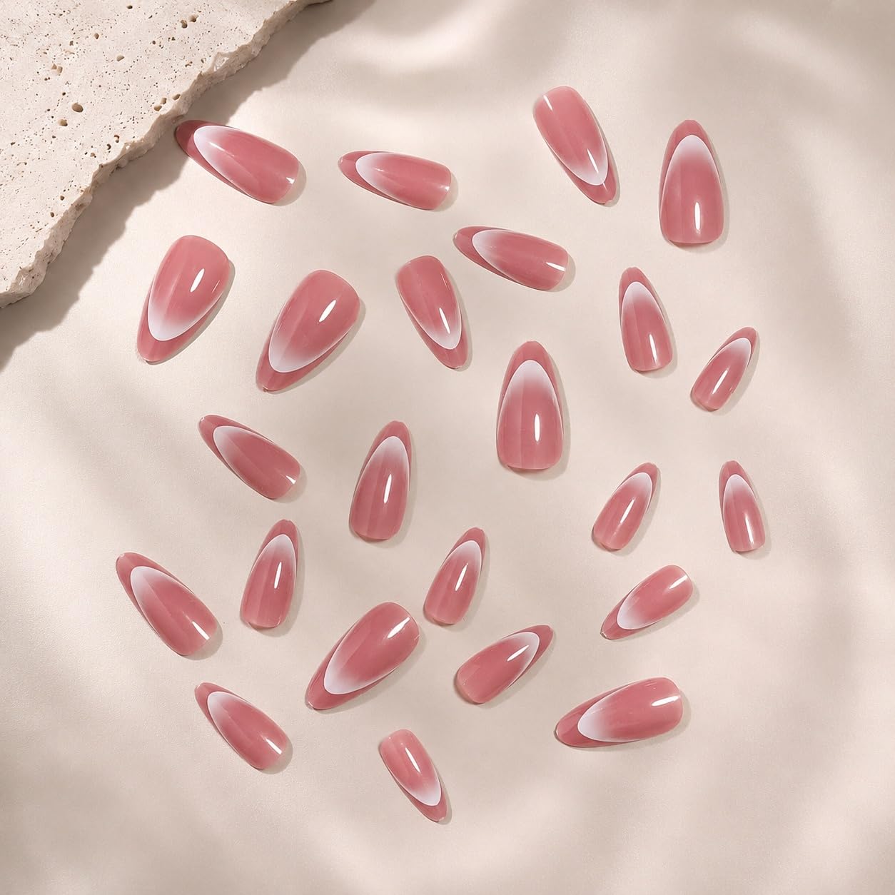 S.A.V.I 24Pcs Press on Nails Almond Shape Dusty Rose Pink Gradient Tips