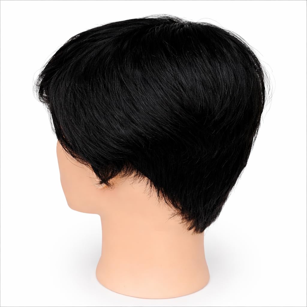 S.A.V.I 100% Human Hair Short Pixie Cut Wig for Men | Natural Black Straight Layered Boy Cut Style | Soft Lightweight Breathable Cap | Real Hair Full Head Wig | Realistic Scalp Effect