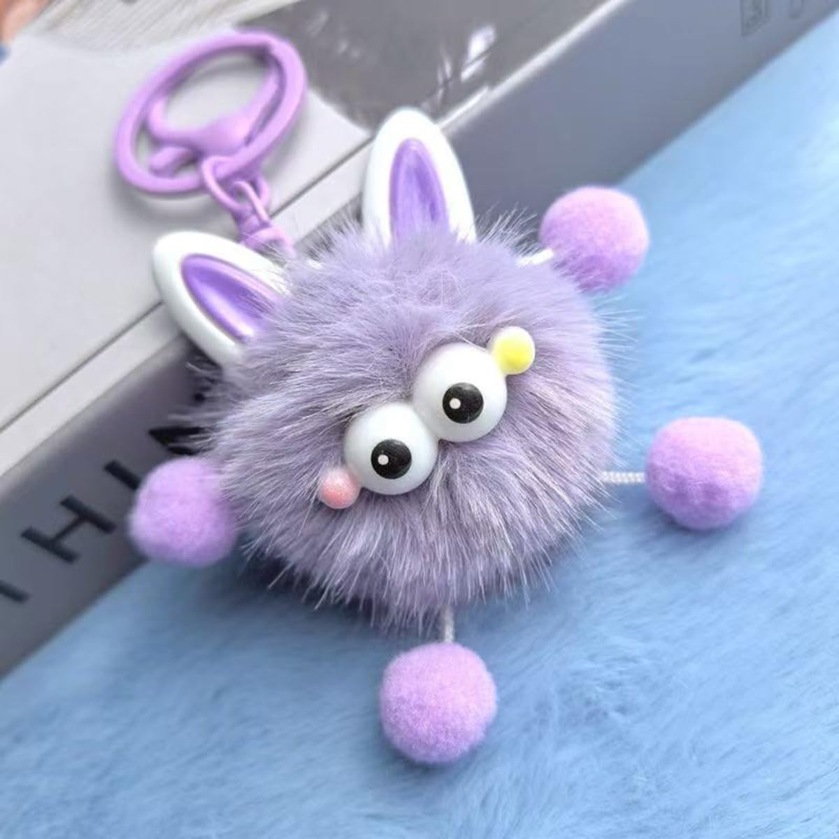 S.A.V.I Pom Pom Plush Keychain for Women Girls Faux Fur Purple, Kawaii Bunny Design, 14 cm, Lightweight Faux Fur Accessory for Handbags, Backpack, Purse & Keys, Gift Choice
