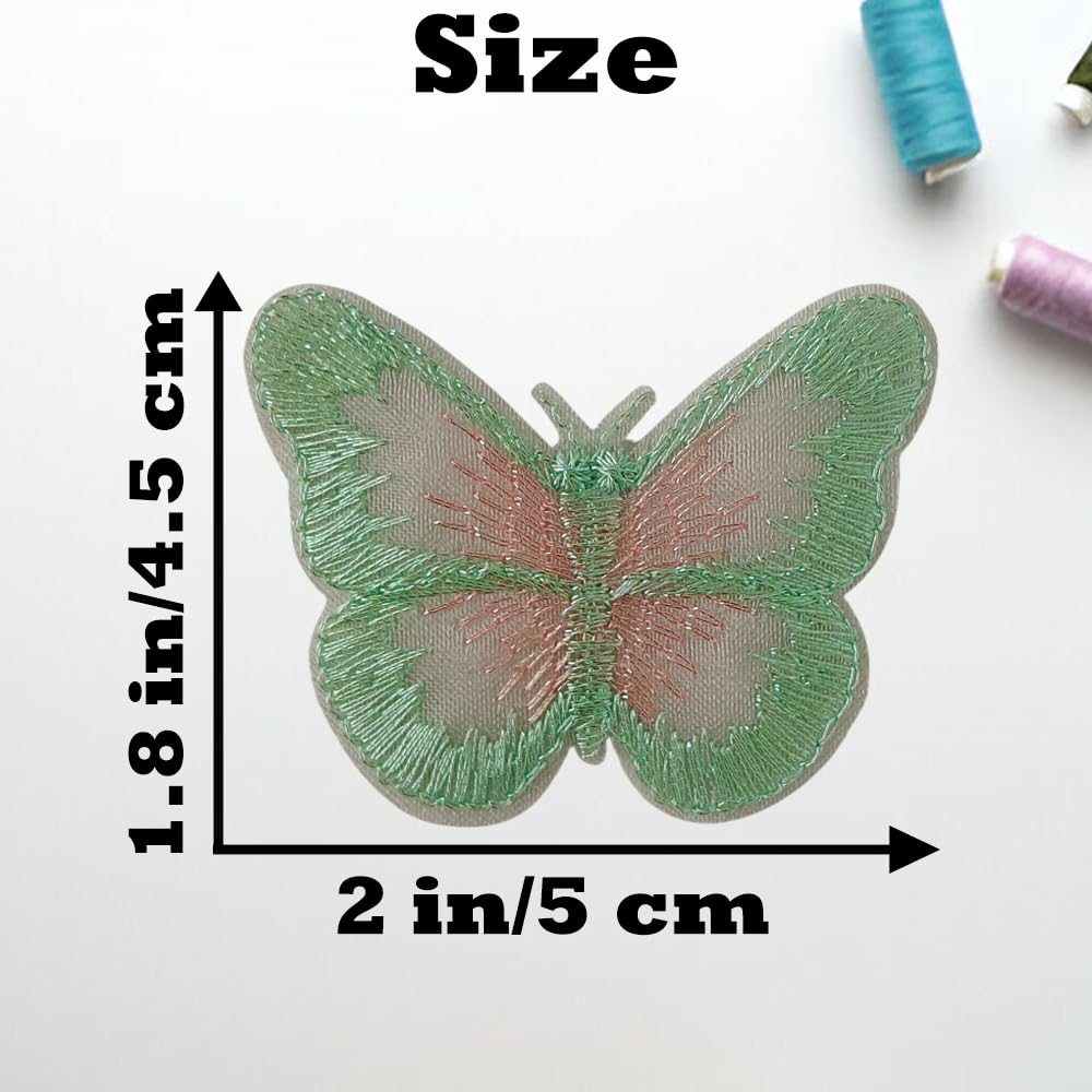 S.A.V.I 5Pcs Green & Pink Embroidered Butterfly Sew-On Patches, 5 x 4.5 cm Sheer Net Fabric Appliques for Blouses, Dresses, Lehengas, Crafts & DIY Sewing (Green Pink)