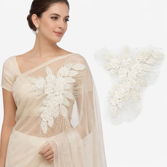 S.A.V.I Ivory White Floral Embroidered Appliqué Patch 29.9 x 38.8 cm | 3D Pearl Beaded Sew-On Net Lace Motif for Saree, Blouse, Gown & Bridal Sewing Decoration (White)