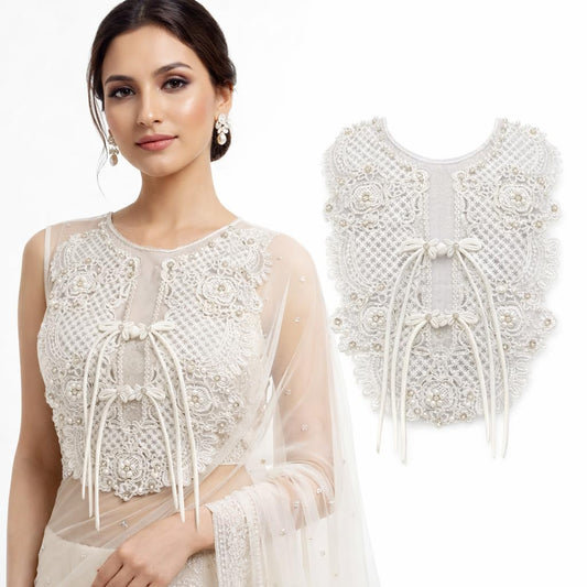S.A.V.I White Ivory Embroidered Lace Appliqué Neckline Yoke 30x36 cm Pearl Beaded Floral Net Sew-On Patch with Bow Tie for Bridal Anarkali Gown Ethnic Craft (Pearl with Bow Tie)