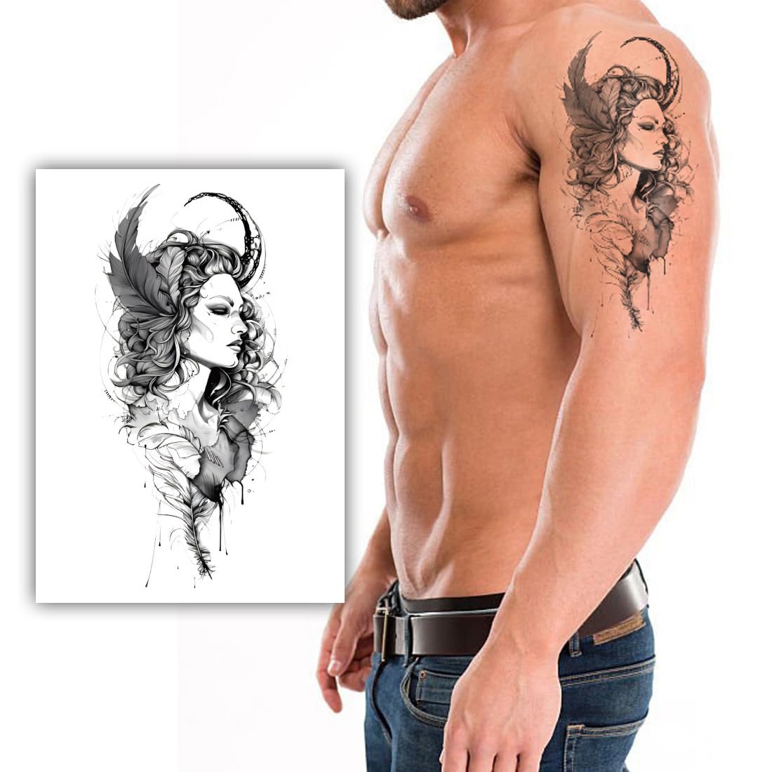 S.A.V.I Large Temporary Tattoo for Men & Women – Black Artistic Goddess with Feather & Horns – 21x11cm Waterproof Body Art Sticker – Non-Toxic, Safe for Arm, Chest, Back – 1 Pc
