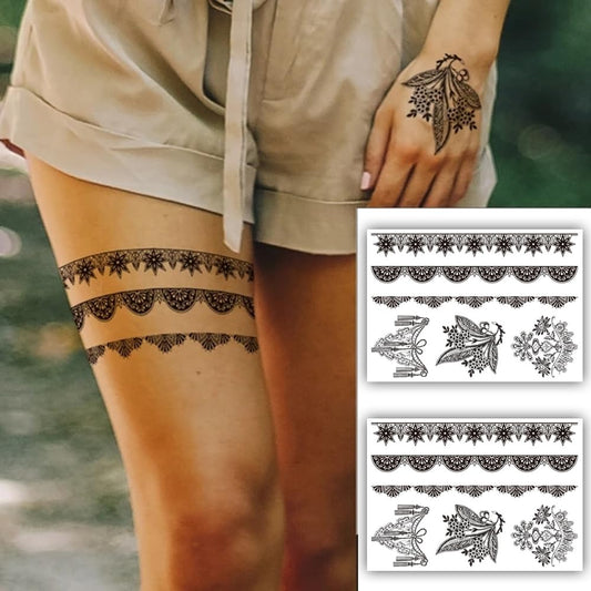S.A.V.I 2 Sheets - Black Henna Mehndi Temporary Tattoo Stickers - Star, Flower, Chandelier Designs, 21x15 cm