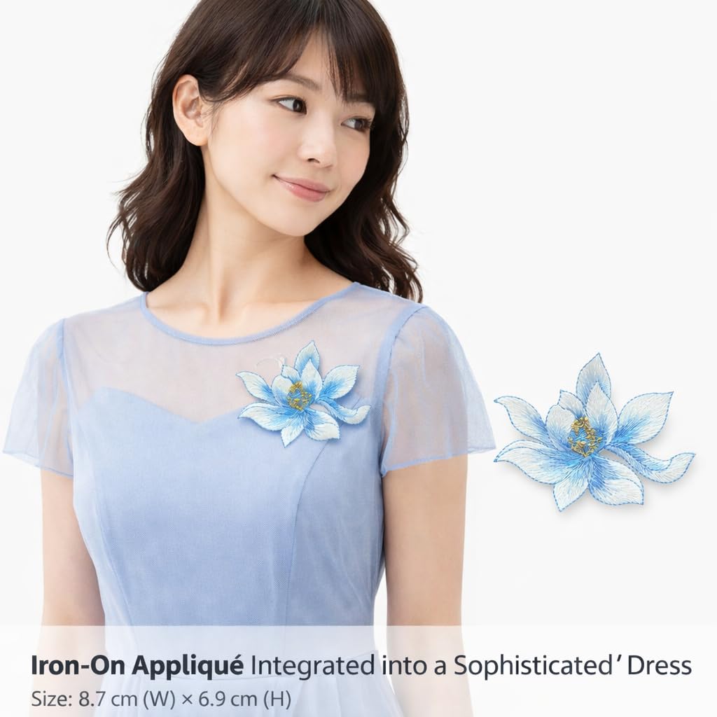 S.A.V.I Blue Lotus Flower Iron-On Embroidered Appliqué Patch 8.7 x 6.9 cm | Fabric Floral Motif for Dresses, Kurtis, Sarees, Blouses & DIY Garment Decoration (Blue)