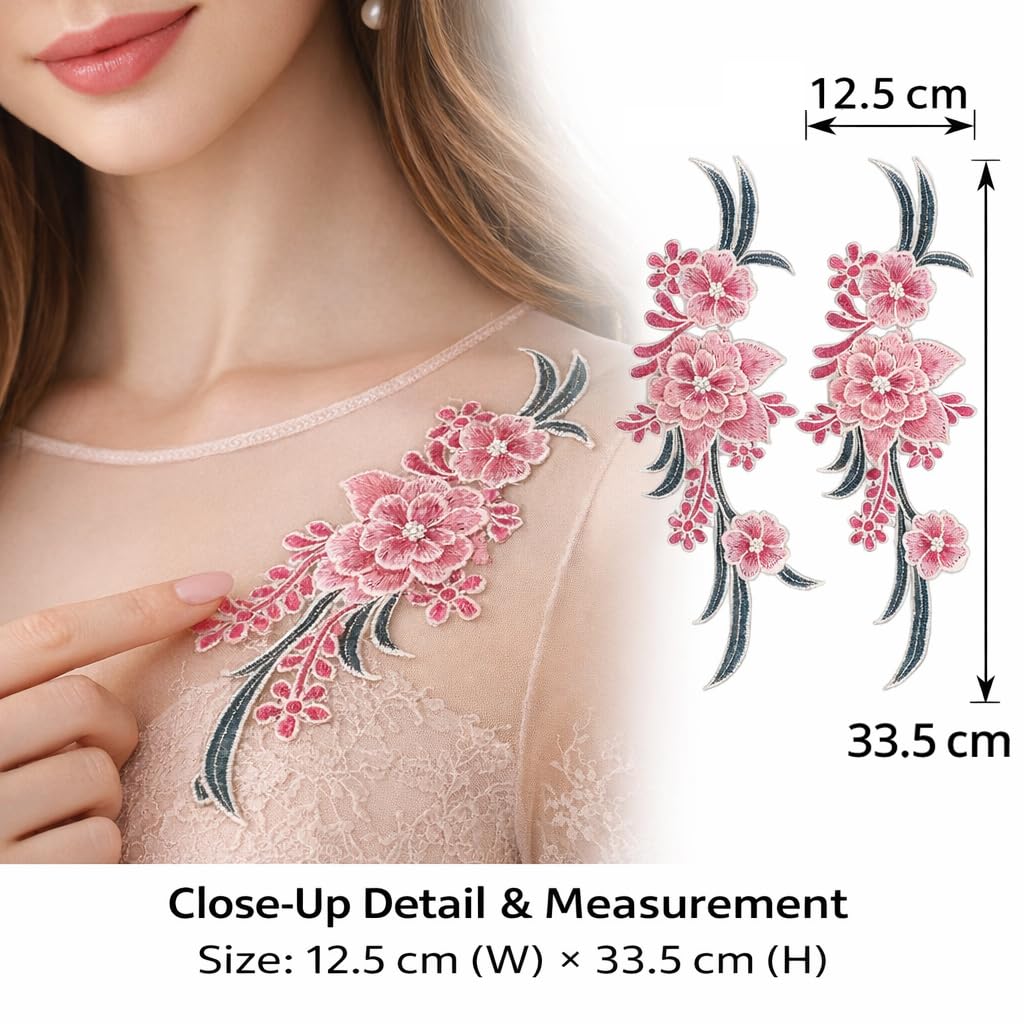 S.A.V.I Pair of Pink Floral Embroidered Sew-On Appliqué (12.5 x 33.5 cm) | Thread Embroidery on Net Fabric | Neckline Decorative Patches for Kurti, Gown, Blouse & Dresses (Pink)