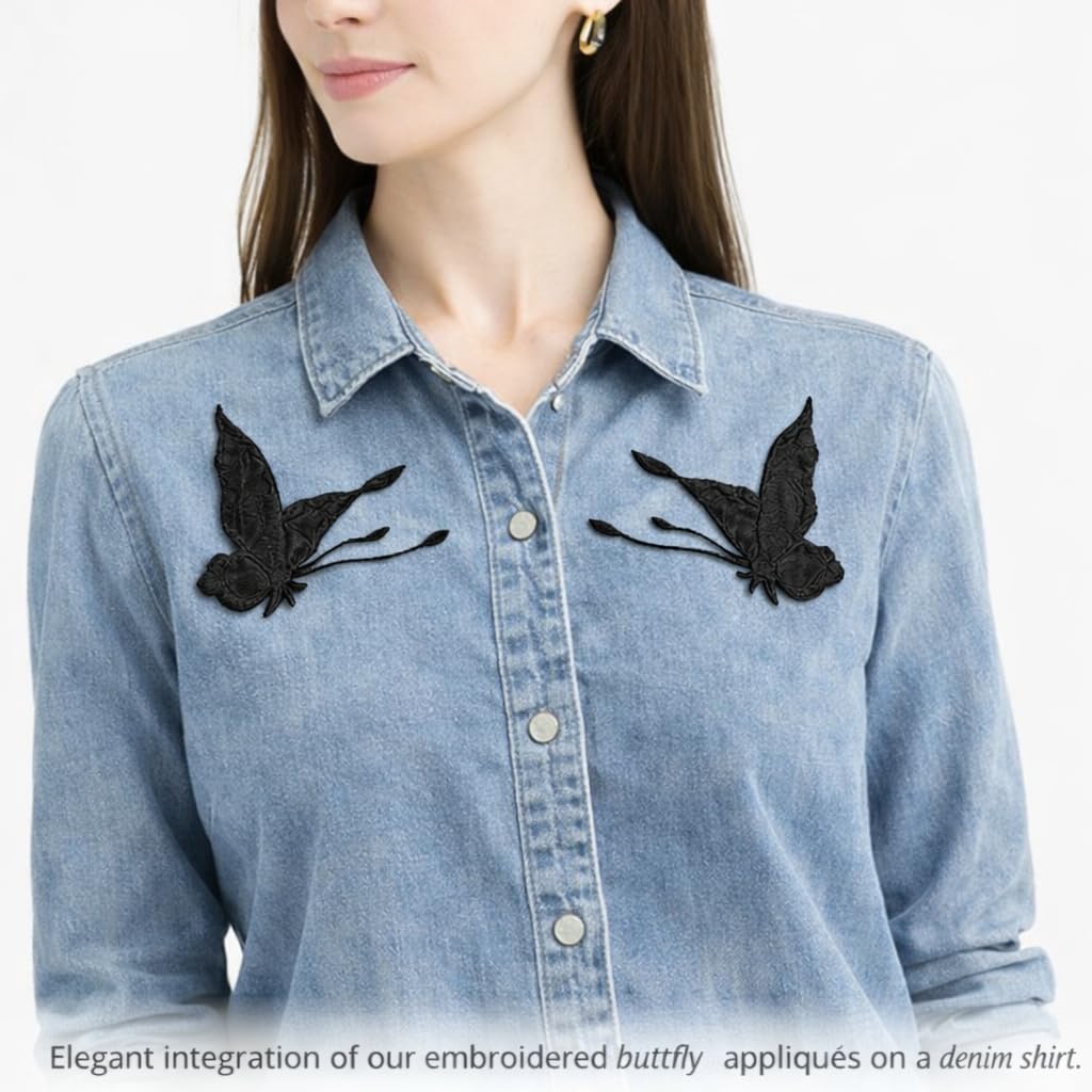 S.A.V.I Black Embroidered Butterfly Applique Patch Pair (Left & Right), Sew-On Fabric Motif 12.5 x 9.3 cm, Thread Work for Dresses, Shirts, Denim, DIY Fashion (Black)