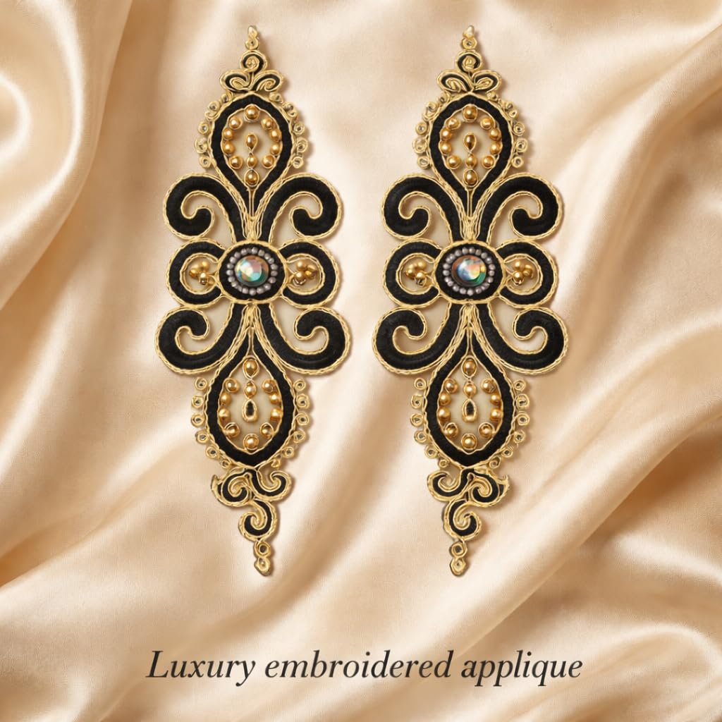 S.A.V.I Pair of Black & Gold Embroidered Sew-On Applique 35 x 11 cm | Handcrafted Zardozi Look Floral Motif with Beads & Stones | Designer Neckline Patch for Kurtis, Gowns & Dresses (Black-Gold)