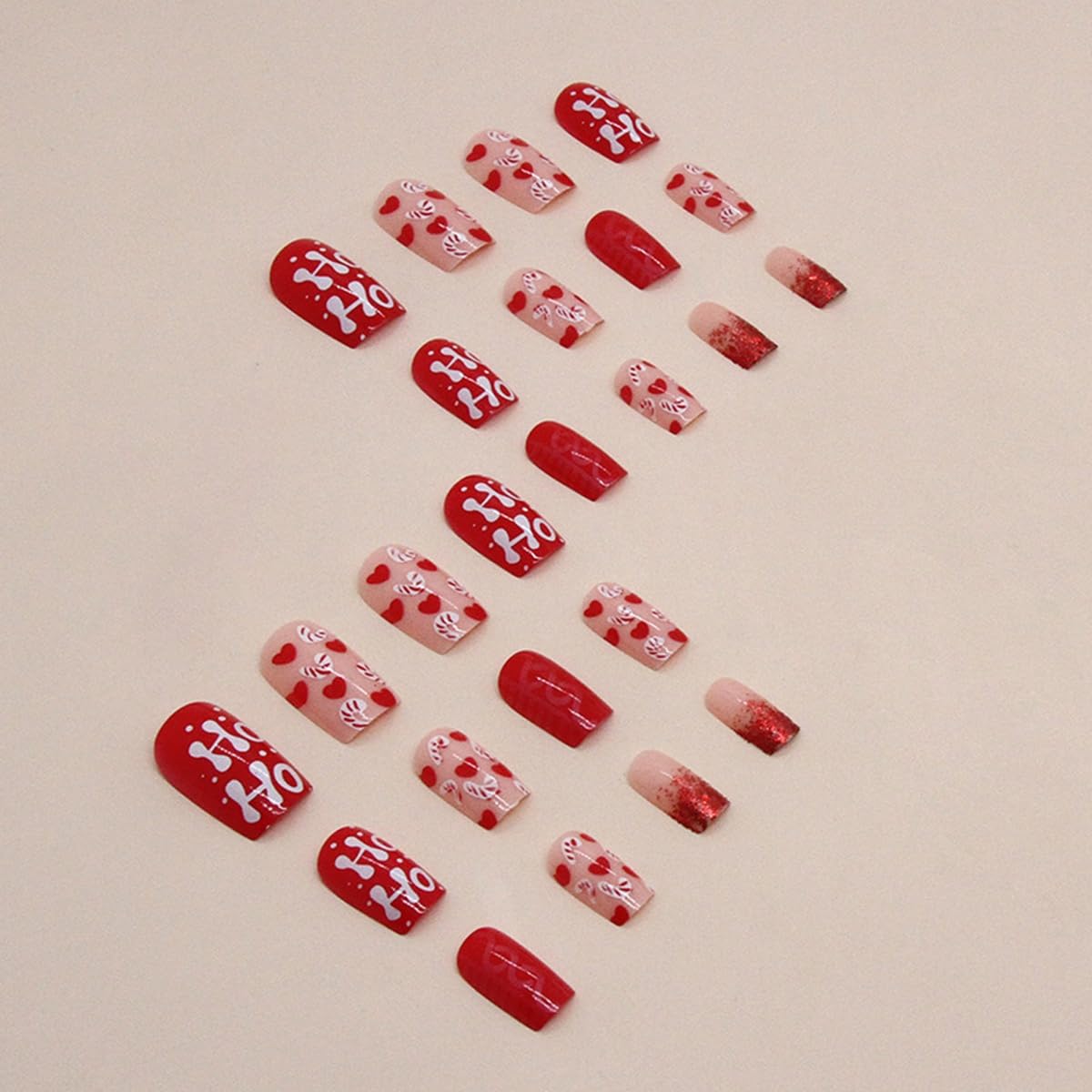 S.A.V.I 24 Pcs Christmas Red & Nude Press On Nails, Medium Square Glossy Acrylic Fake Nails with Candy Cane & Ho Ho Art, Reusable Set with Glue & Adhesive Tabs