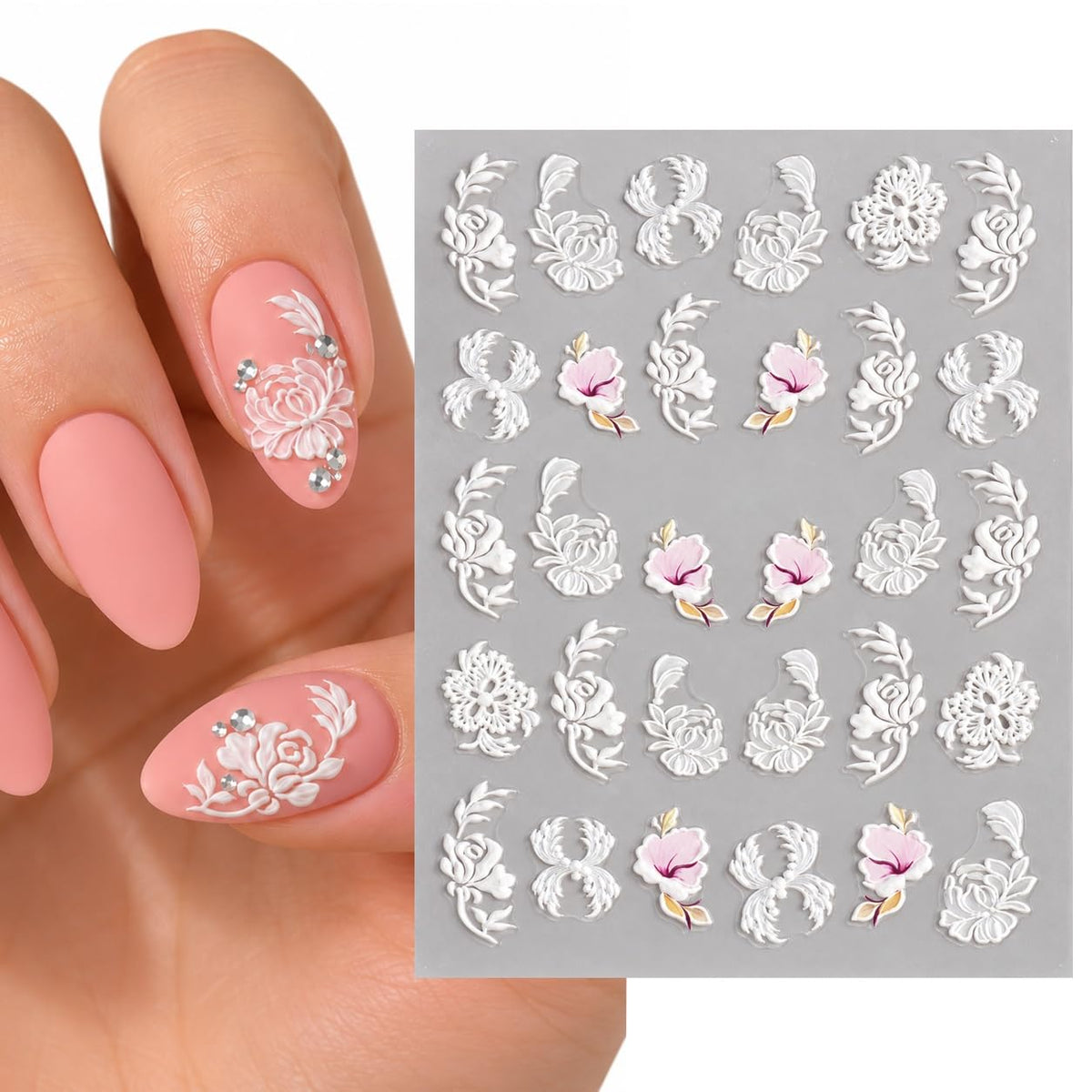 S.A.V.I 3D Floral Nail Art Stickers Self Adhesive Decals 6x8 cm | White & Pink Rose Designs, DIY Application, Bridal & Party Looks, 1 Sheet, For Women