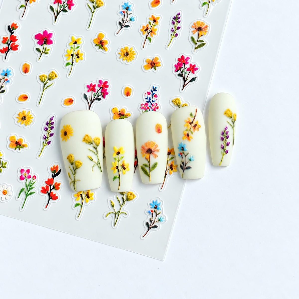 S.A.V.I 5D Nail Art Stickers Wildflower Floral Designs, Set of 3 | Self-Adhesive Decals, 7 x 9 cm Sheets, DIY Manicure, Women & Girls, Multicolour Blossoms