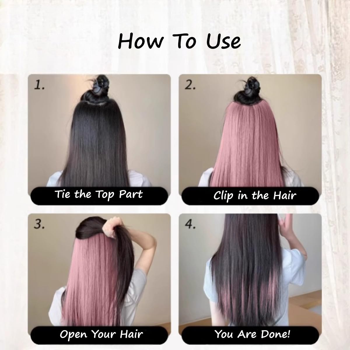 S.A.V.I Dirty Pink Clip-In Hair Extension 60 cm | Synthetic Silk Fiber Hair Patch for Women | Invisible 4-Clip One Piece | Seamless Straight Layered Highlight Streaks | Instant Volume & Length