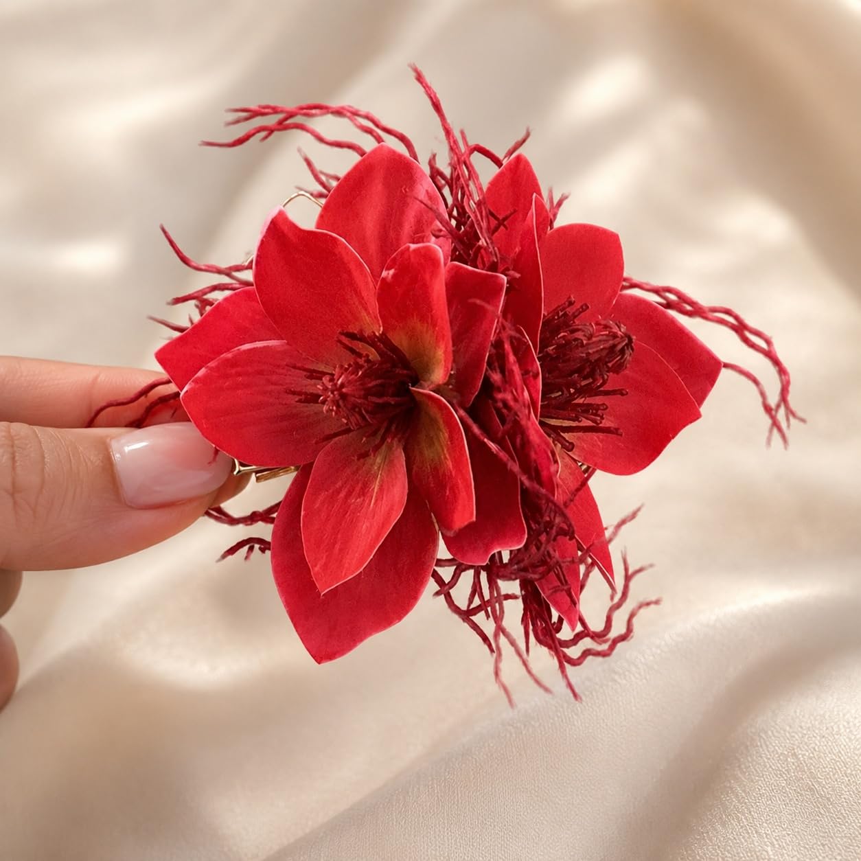 S.A.V.I Red Floral Hair Clip Barrette for Women & Girls | 10 x 7 cm Size, Fabric & Plastic Bloom, Bridal & Party Styling, Beach & Festive, Wedding Accessory