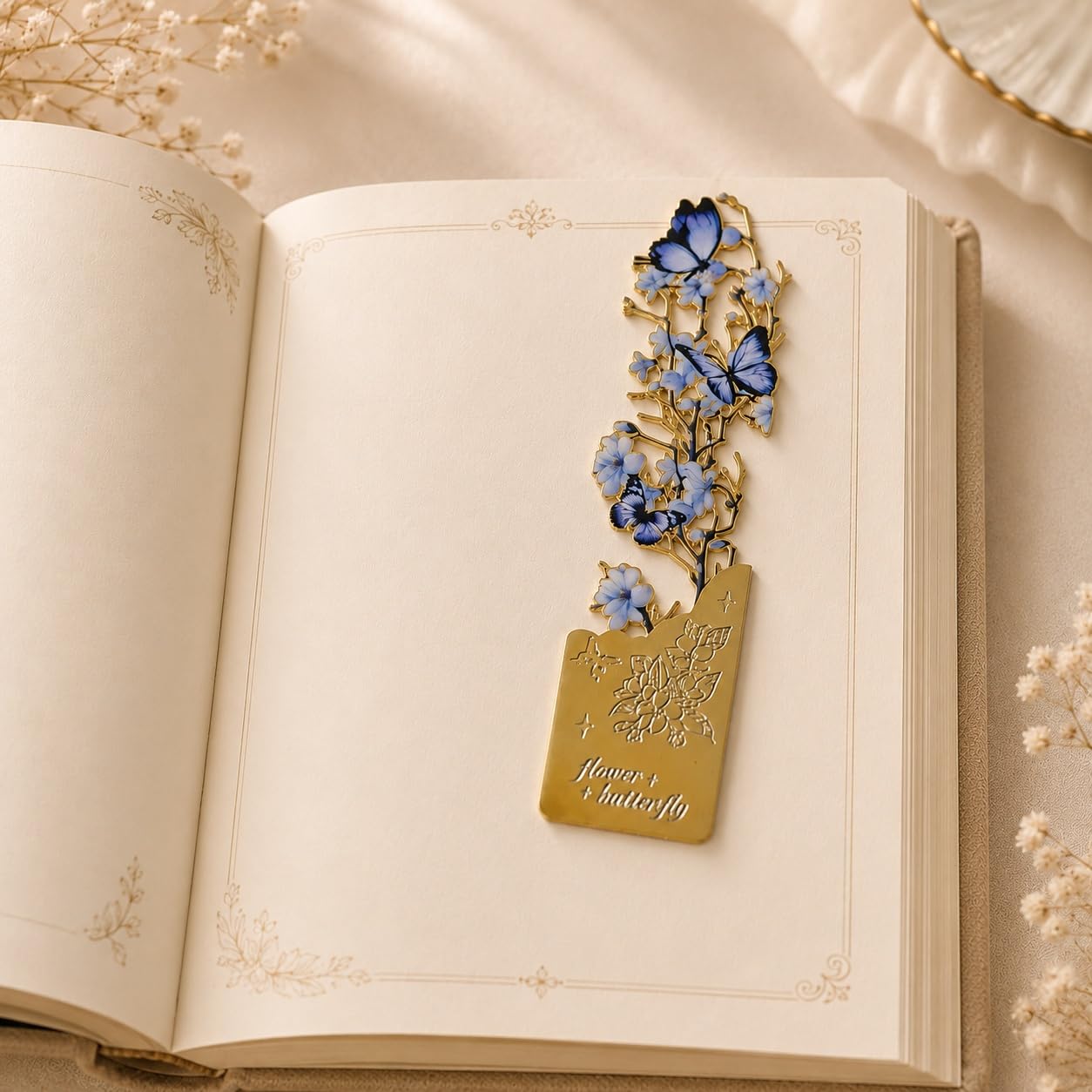 S.A.V.I Metal Bookmark Blue Gold Butterfly Flower Design 10x3 cm | Brass-Tone Finish, Durable Construction, For Students & Teachers, Decorative Cutwork, Reading Accessory
