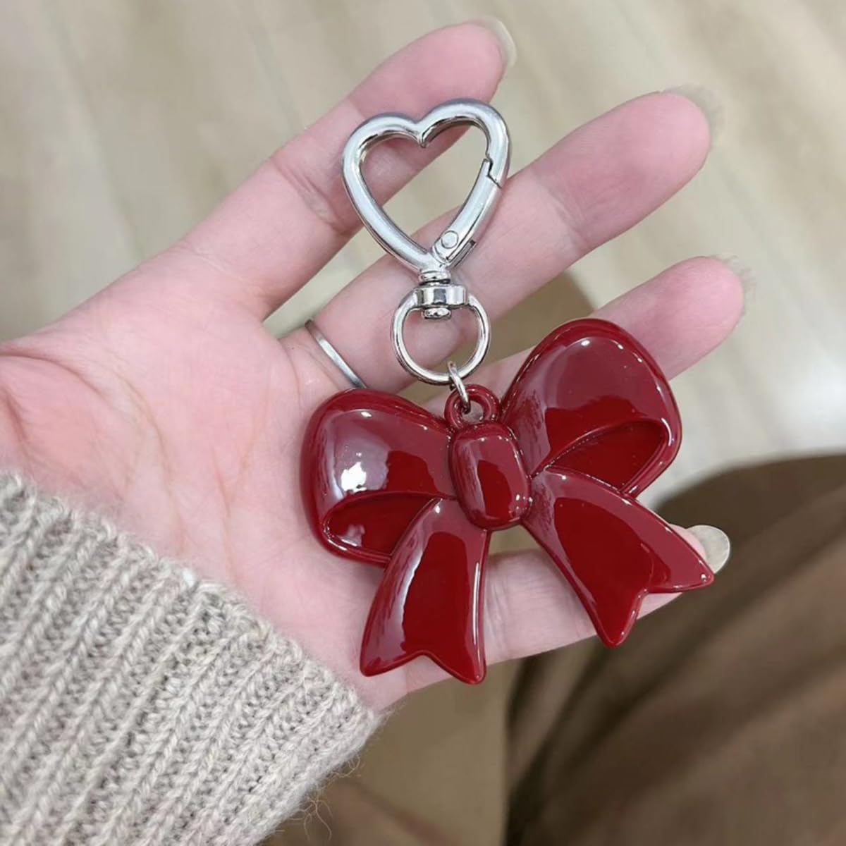 S.A.V.I Resin Bow Keychain for Women & Girls, Cute Bag Charm, Wine Red, Glossy accessory with heart clasp for handbags, backpacks, keys & gifting; lightweight 8 x 5 cm decorative pendant