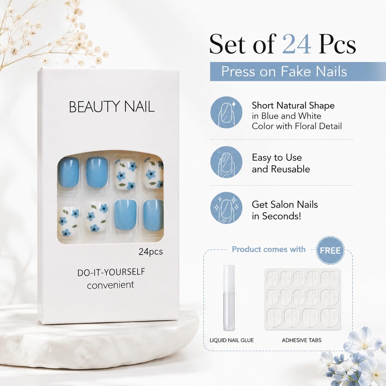S.A.V.I Press on Nails for Women Blue & White Floral Design