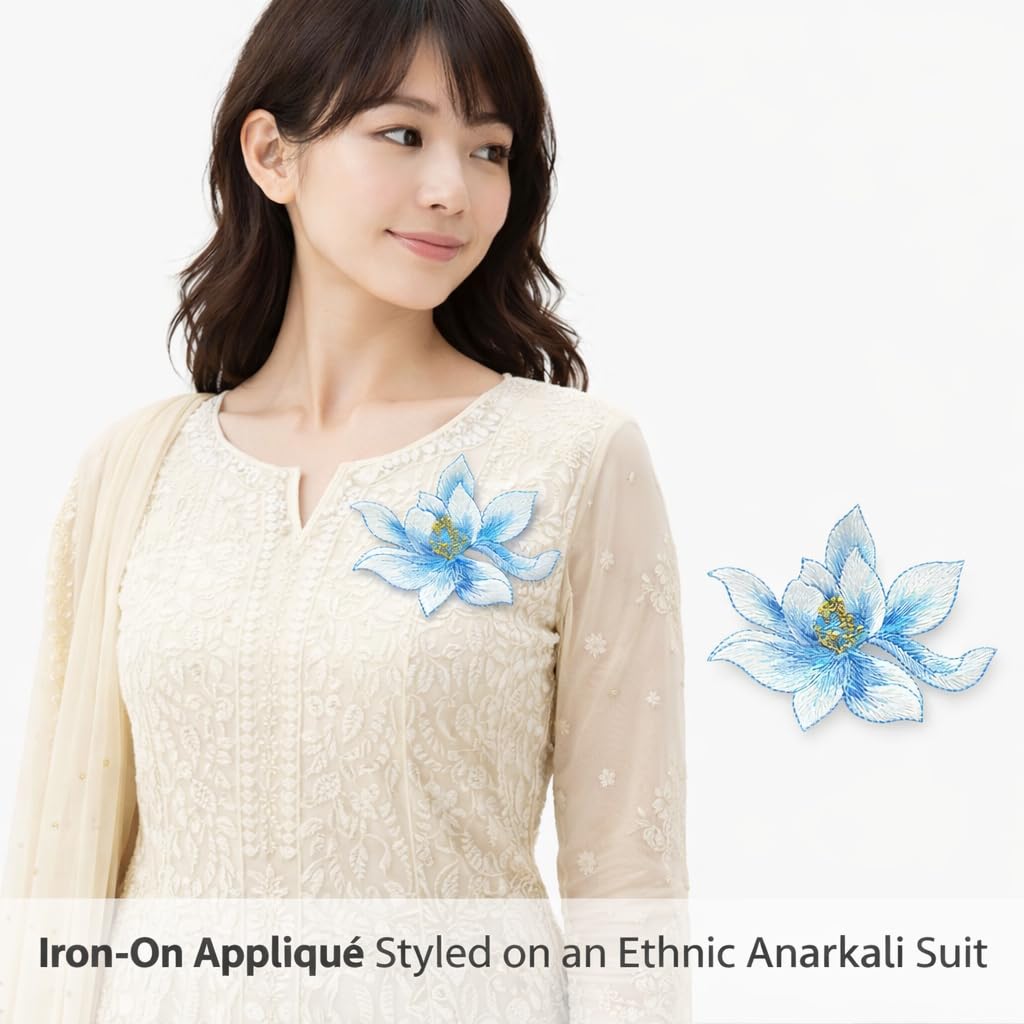 S.A.V.I Blue Lotus Flower Iron-On Embroidered Appliqué Patch 8.7 x 6.9 cm | Fabric Floral Motif for Dresses, Kurtis, Sarees, Blouses & DIY Garment Decoration (Blue)