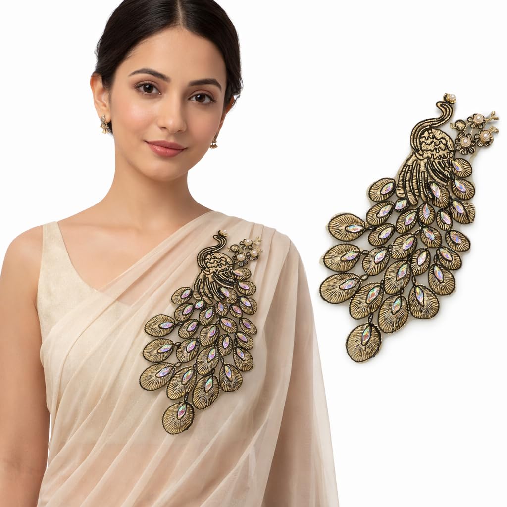 S.A.V.I Gold & Black Peacock Embroidered Sew-On Appliqué Patch 14x30 cm | Zardozi Threadwork with Crystal Stones | Designer Blouse Saree Kurti Gown Decoration (Right, Black & Gold, OneSize)