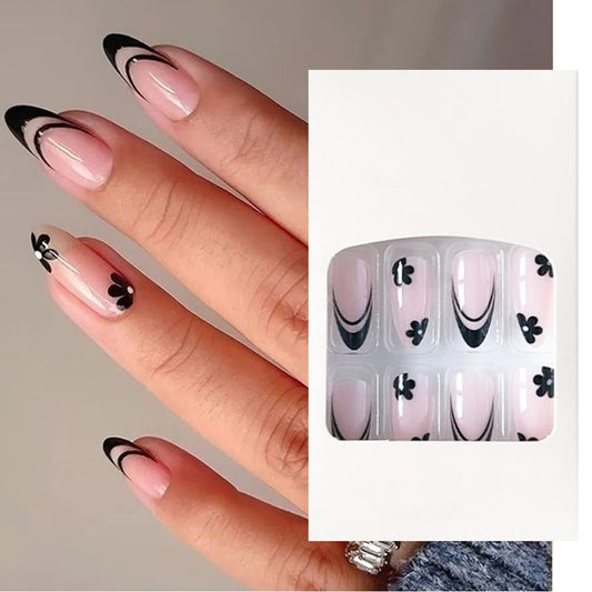 S.A.V.I 24Pc French Manicure Press-On Nails - Elegant Long Floral Black  Nude Fake Nails Set  Amazon.in