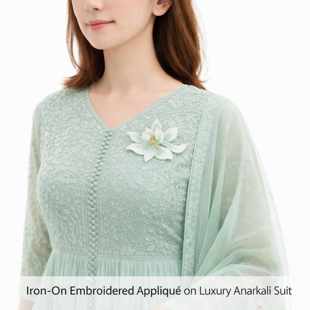 S.A.V.I Green Lotus Flower Iron-On Embroidered Appliqué Patch 8.7 x 6.9 cm | Premium Fabric Floral Motif for Dresses, Kurtis, Sarees, Blouses & DIY Garment Decoration (Green)