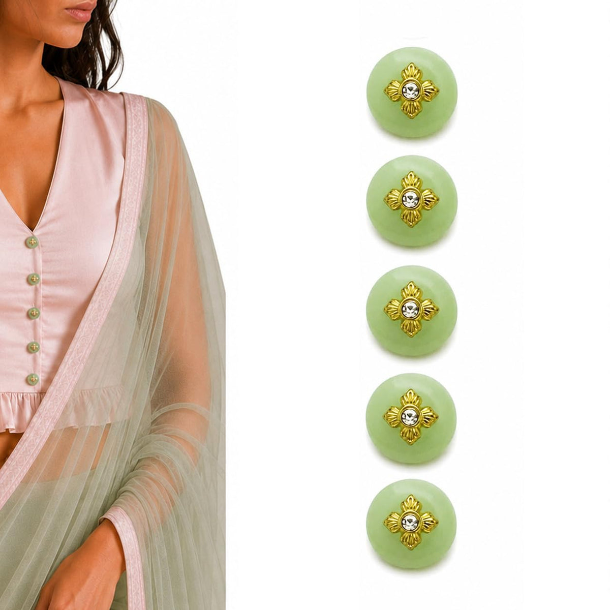 S.A.V.I Crystal Shank Buttons Jade Green 11mm Round Set of 5 | for Blouse & Kurti, Saree & Cardigan, DIY Sewing Crafts, Decorative Embellishments, Women's Buttons