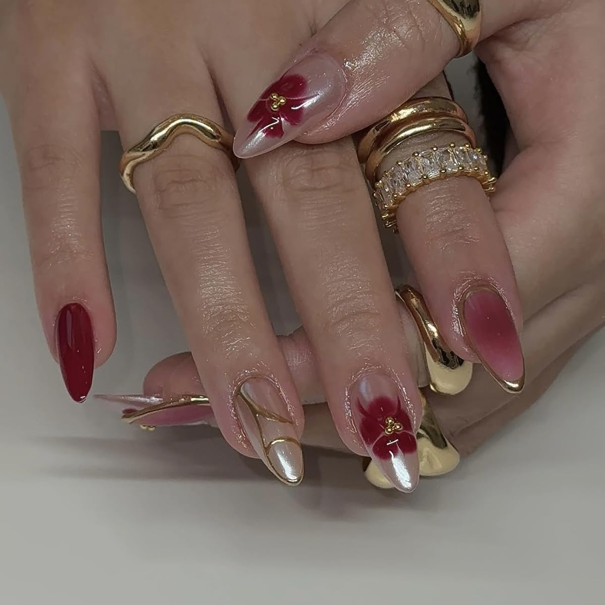 S.A.V.I 24 Pcs Reusable Press On Nails for Women, Long Almond Shape Nude & Red Gloss Finish, 3D Floral Gold Foil Design, Artificial Fake Nails Set with Glue & Tabs