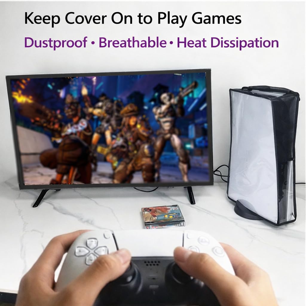S.A.V.I Dustproof Breathable Cover for PS5 Slim Vertical Console, Black & Transparent Mesh with TPU Case, Flip-Open Cooling Design, Scratch & Water Resistant (Vertical)