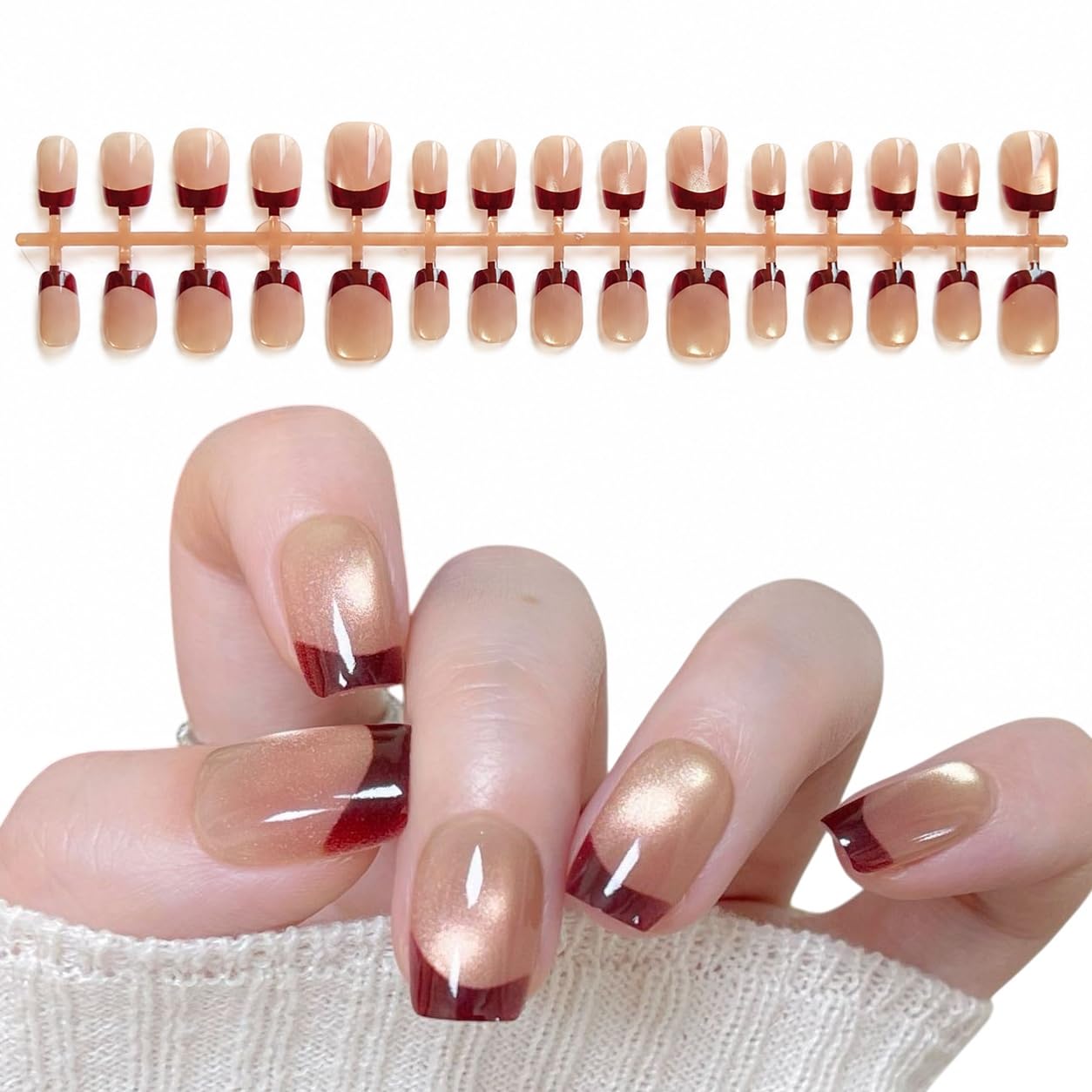S.A.V.I Press on Nails Dark Wine Cat Eye French Tip, 30 Pcs