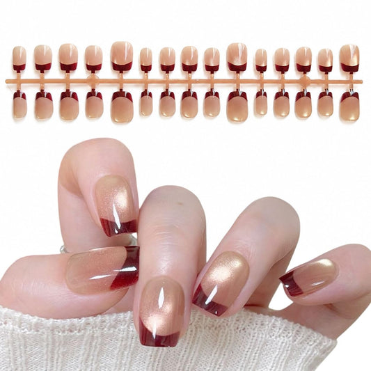 S.A.V.I Press on Nails Dark Wine Cat Eye French Tip, 30 Pcs
