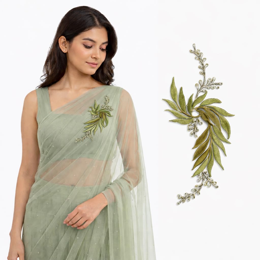 S.A.V.I Green & Silver Floral Iron-On Embroidered Appliqué Patch 7.5 x 17 cm | Leaf Motif Threadwork Design for Dresses, Sarees, Blouses & DIY Fabric Craft (Right, Green, 7.5 x 17 cm)