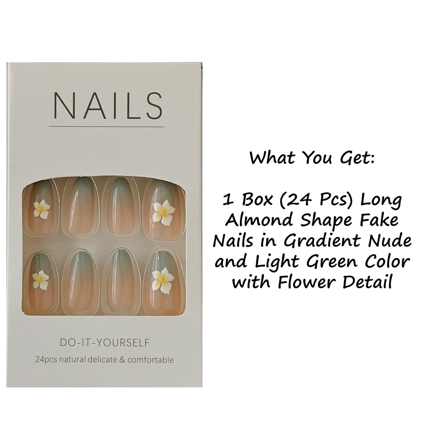S.A.V.I 24 Pcs Long Almond Artificial Nails for Women & Girls | Gradient Nude & Green Press On Nails with 3D Flower Design | Reusable False Nail Tips with Glue & Adhesive Tabs | DIY Nail Art Set
