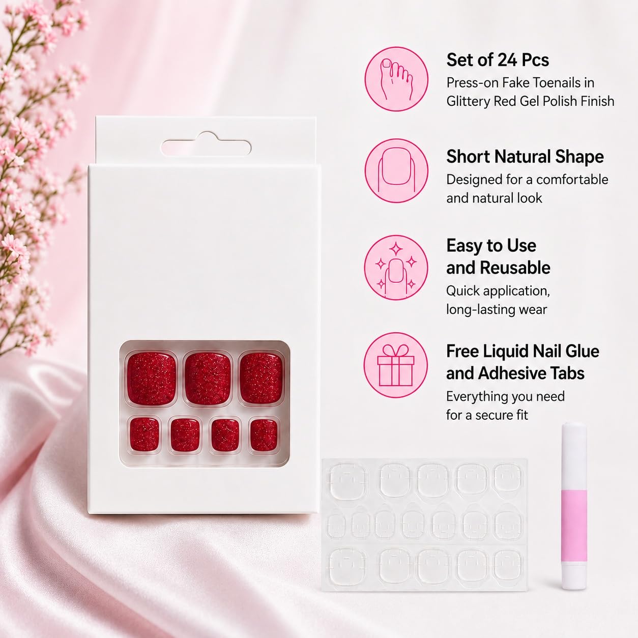 S.A.V.I Press on Toenails 24 Pcs Glittery Red Short Square Shape