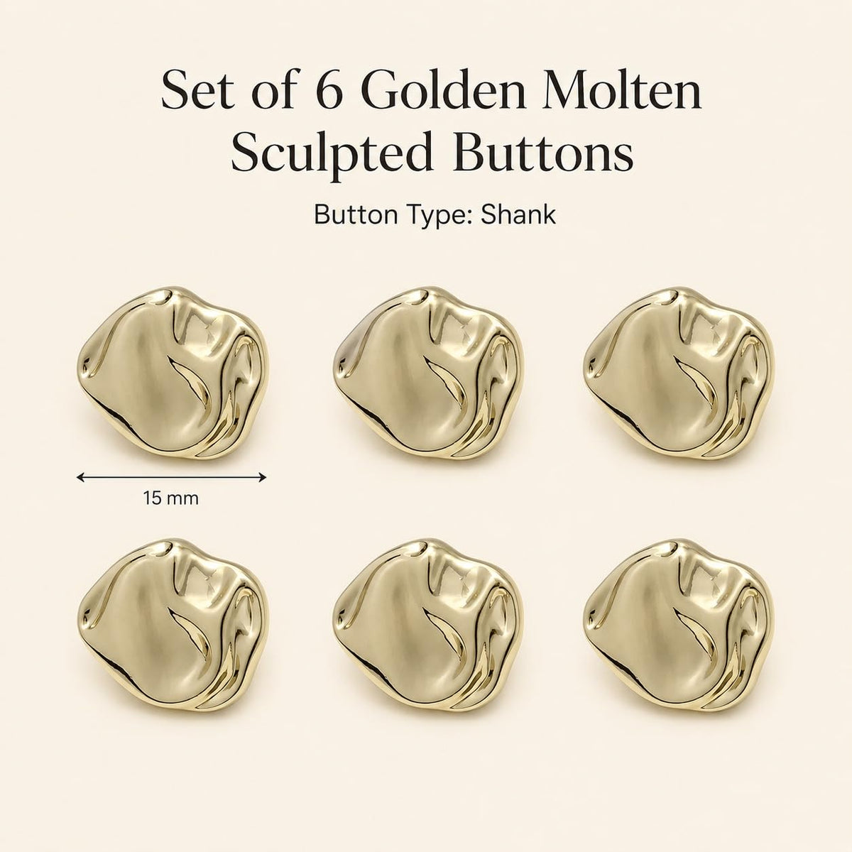 S.A.V.I Golden Metal Shank Buttons for Dress Blazer Jacket 15mm | Set of 6, Sculpted Designer, Sewing & Tailoring, DIY Crafts, Garment Embellishment