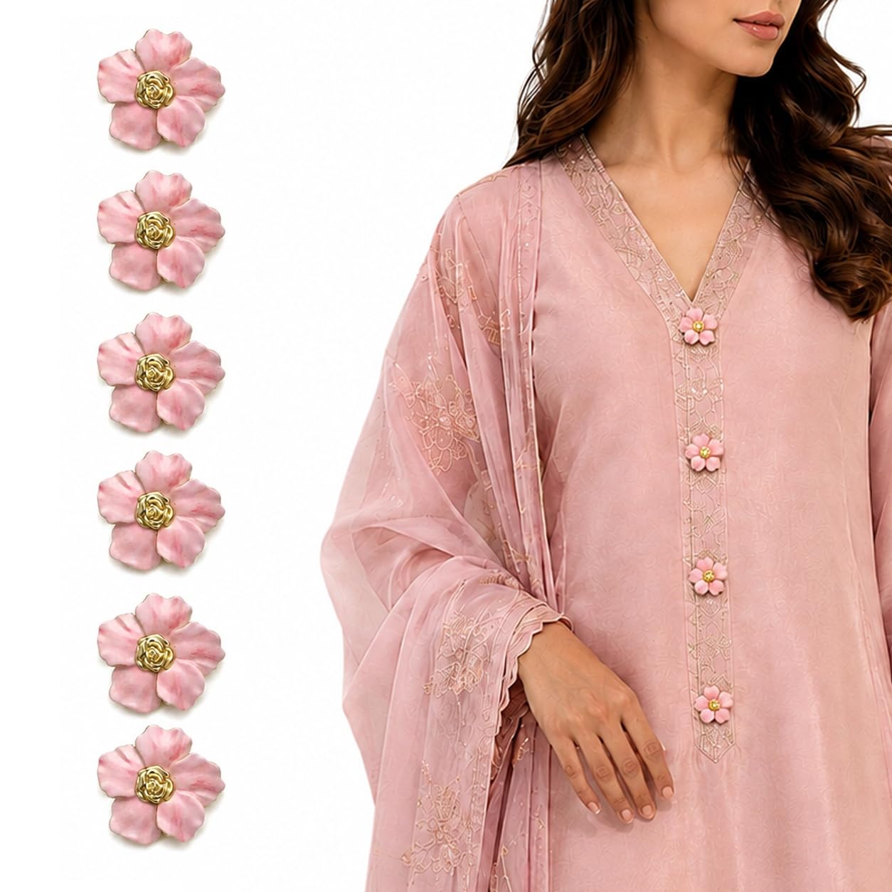S.A.V.I Blush Pink Petal Gold Rose Shank Buttons 17.5mm | Set of 6, For Kurti & Blouse, DIY Sewing, Decorative Fasteners