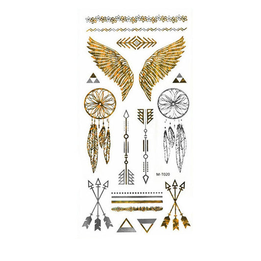 S.A.V.I 3D Temporary Tattoo Golden And Silver Metallic Sticker Wings Arrows Dream Catcher Design Size 21x10CM - 1PC.