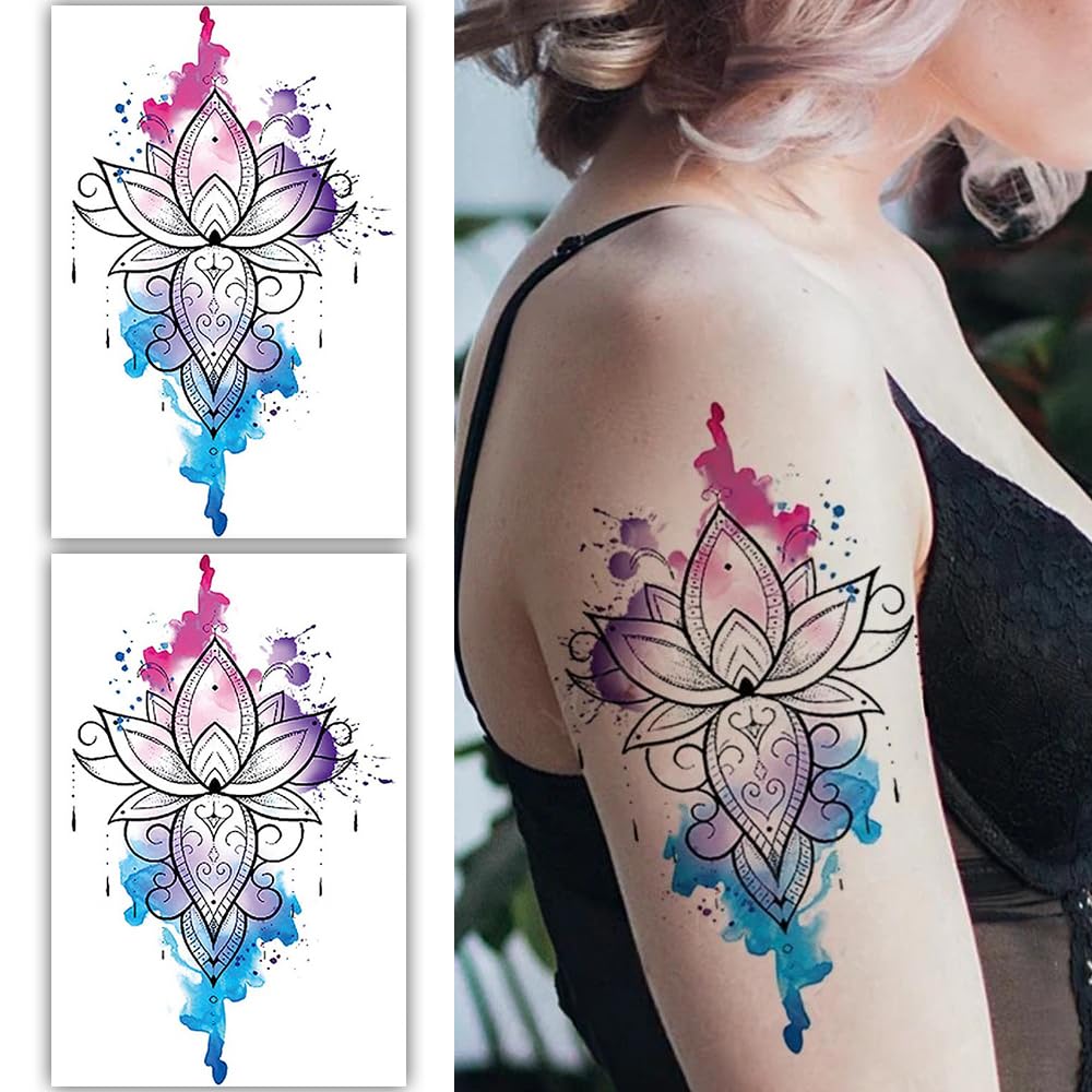S.A.V.I 2PCS Vibrant Lotus Flower Temporary Tattoo, 19x12cm, Watercolor Ink in Purple, Pink, Blue | Long-Lasting, Waterproof Body Art for Girls  Women | Easy to Apply  Remove