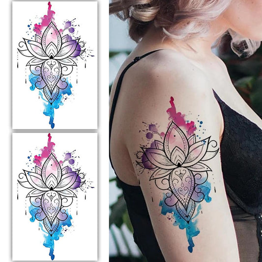 S.A.V.I 2PCS Vibrant Lotus Flower Temporary Tattoo, 19x12cm, Watercolor Ink in Purple, Pink, Blue | Long-Lasting, Waterproof Body Art for Girls  Women | Easy to Apply  Remove