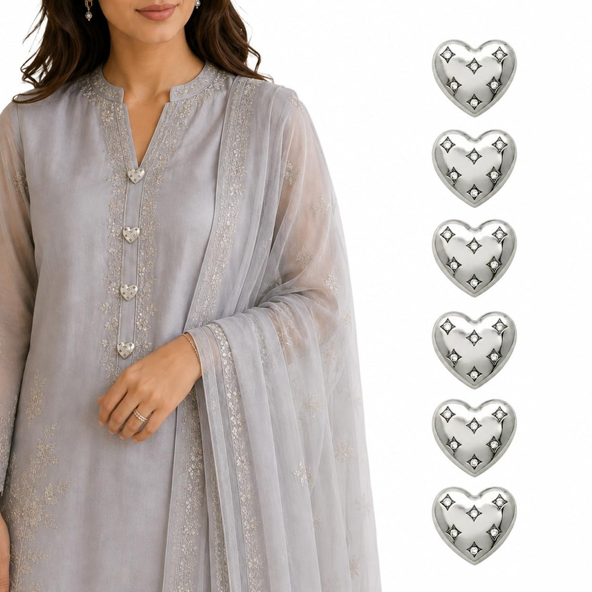 S.A.V.I Heart Shape Shank Buttons Silver Tone 17.5mm Set of 6 | Crystal Studded, for Kurti & Blouse, Decorative Embellishments, Sewing Fasteners, for Women