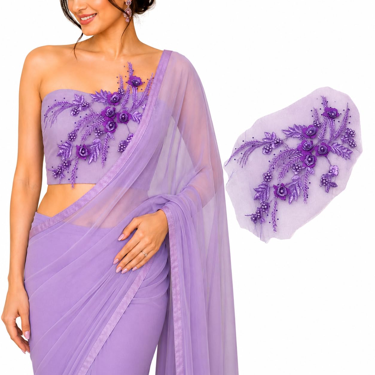 S.A.V.I Purple Floral Embroidery Patch 3D Pearl Sew-On Applique|34x25 cm Net Fabric Lace Motif for Saree, Kurti, Blouse, Gown & DIY Dress Customization, Elegant Craft Embellishment