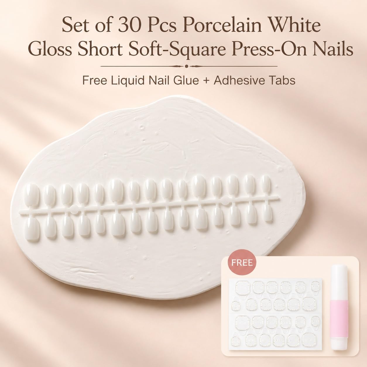 S.A.V.I Press on Nails Glossy Short Square Porcelain White 30 Pcs